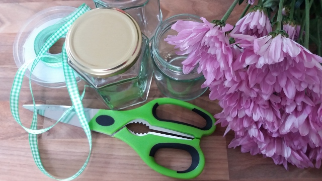 scissors, jars, ribbon and flowers